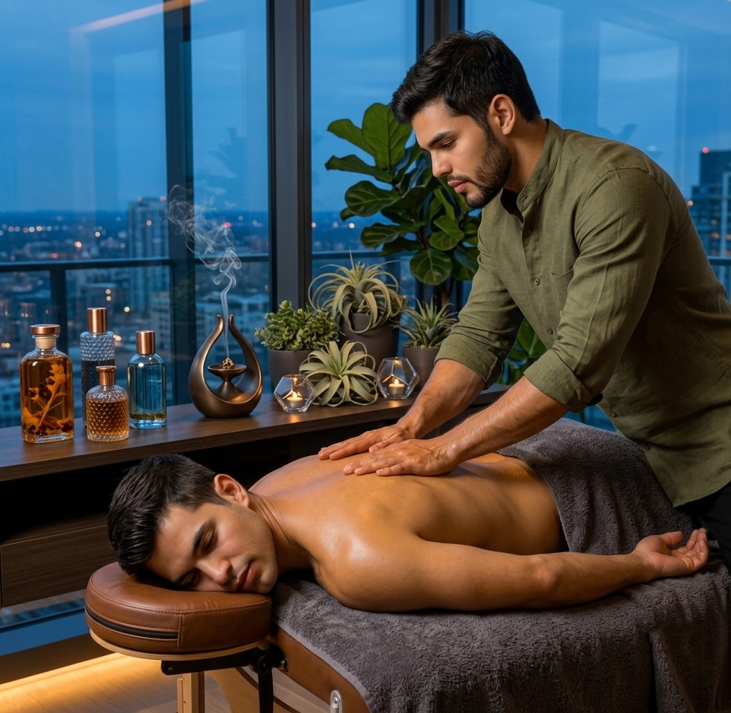 Massagem relaxante em espaço urbano elegante com aromas e plantas