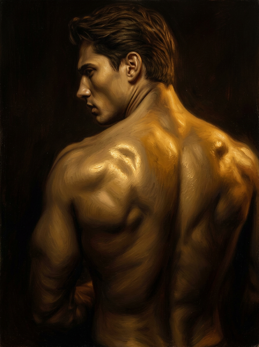 Figura masculina escultural sob luz dourada